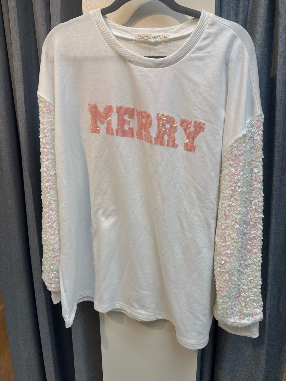 White 'Merry' Sequin Sleeve Sweatshirt
